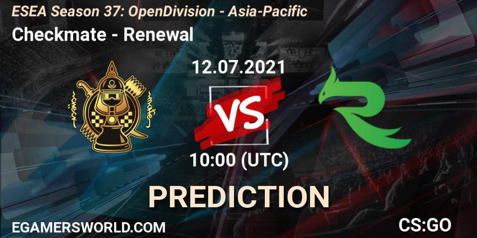 Prognose für das Spiel Checkmate VS Renewal. 12.07.2021 at 10:00. Counter-Strike (CS2) - ESEA Season 37: Open Division - Asia-Pacific