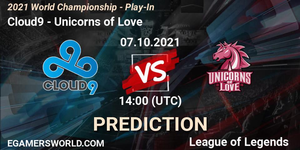 Prognose für das Spiel Cloud9 VS Unicorns of Love. 07.10.21. LoL - 2021 World Championship - Play-In