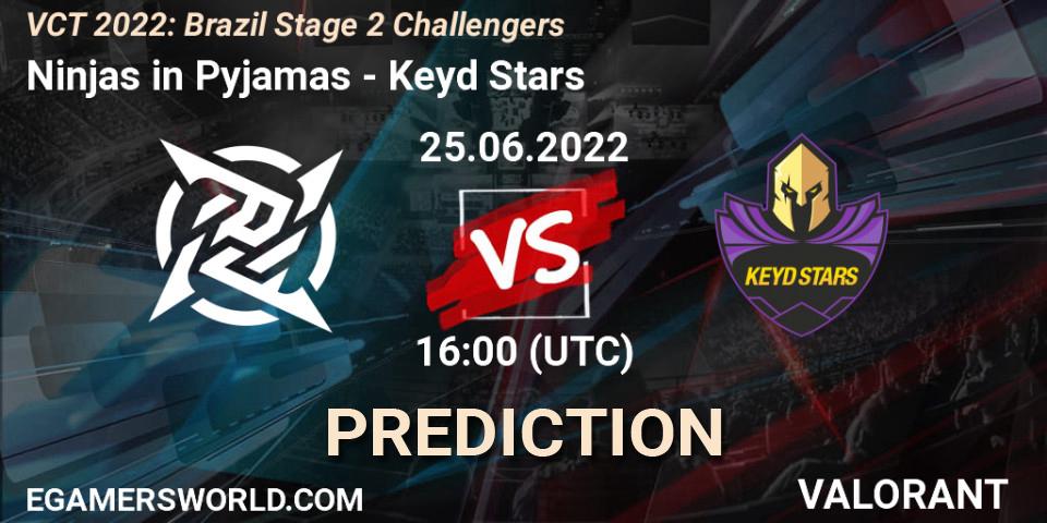 Prognose für das Spiel Ninjas in Pyjamas VS Keyd Stars. 25.06.2022 at 16:15. VALORANT - VCT 2022: Brazil Stage 2 Challengers