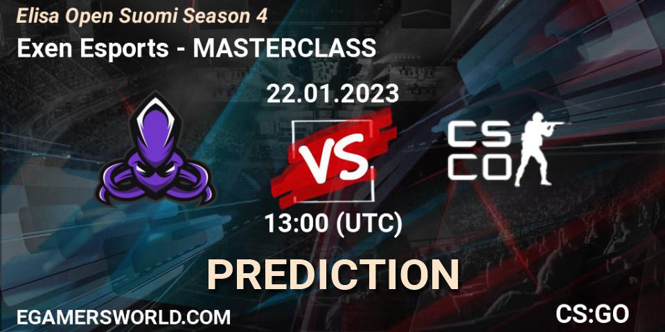 Prognose für das Spiel Exen Esports VS MASTERCLASS. 22.01.2023 at 13:00. Counter-Strike (CS2) - Elisa Open Suomi Season 4