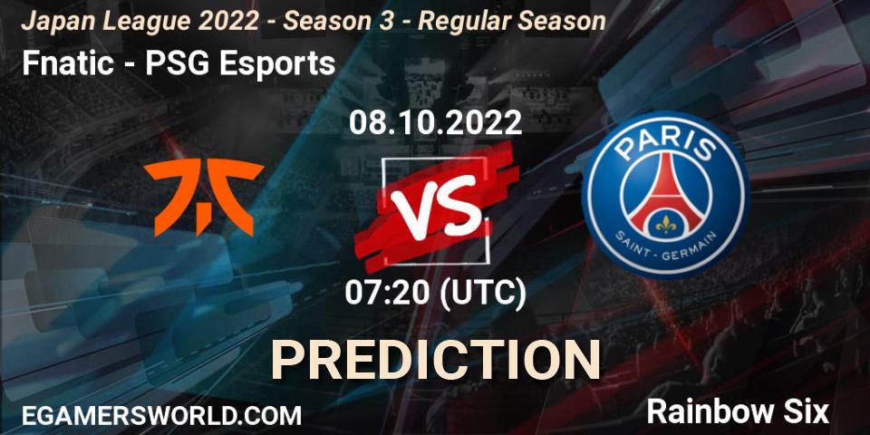 Prognose für das Spiel Fnatic VS PSG Esports. 08.10.2022 at 07:20. Rainbow Six - Japan League 2022 - Season 3 - Regular Season