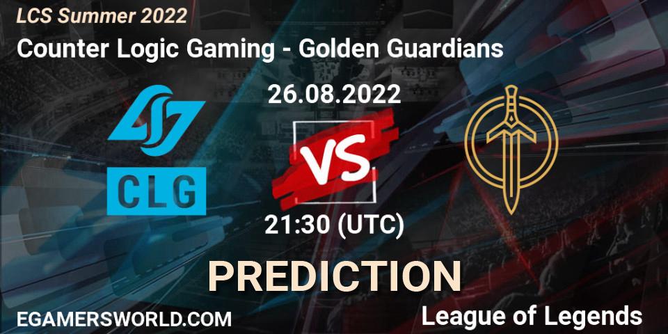 Prognose für das Spiel Counter Logic Gaming VS Golden Guardians. 26.08.2022 at 20:00. LoL - LCS Summer 2022