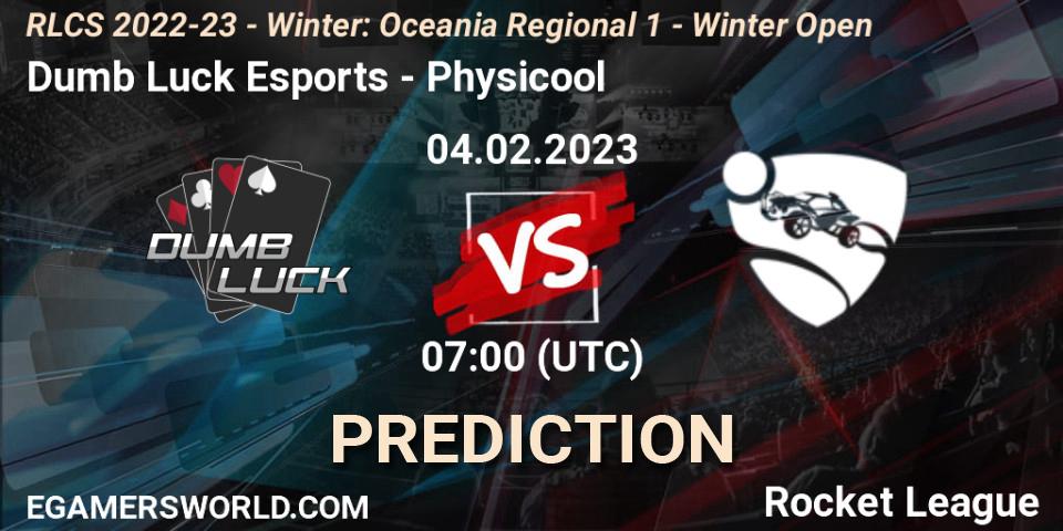 Prognose für das Spiel Dumb Luck Esports VS Physicool. 04.02.2023 at 07:00. Rocket League - RLCS 2022-23 - Winter: Oceania Regional 1 - Winter Open