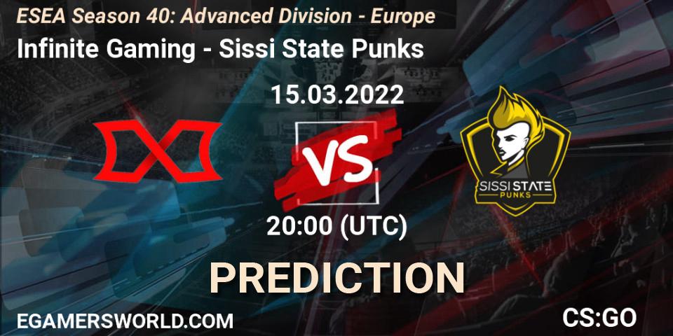 Prognose für das Spiel Infinite Gaming VS Sissi State Punks. 15.03.2022 at 20:00. Counter-Strike (CS2) - ESEA Season 40: Advanced Division - Europe