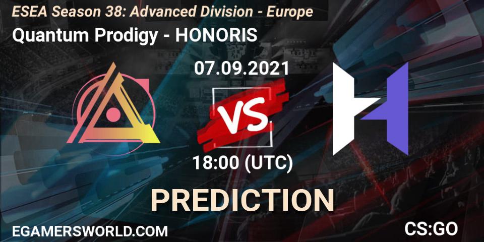 Prognose für das Spiel Quantum Prodigy VS HONORIS. 07.09.2021 at 18:00. Counter-Strike (CS2) - ESEA Season 38: Advanced Division - Europe