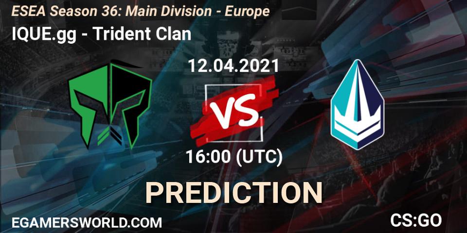 Prognose für das Spiel IQUE.gg VS Trident Clan. 12.04.2021 at 16:00. Counter-Strike (CS2) - ESEA Season 36: Main Division - Europe