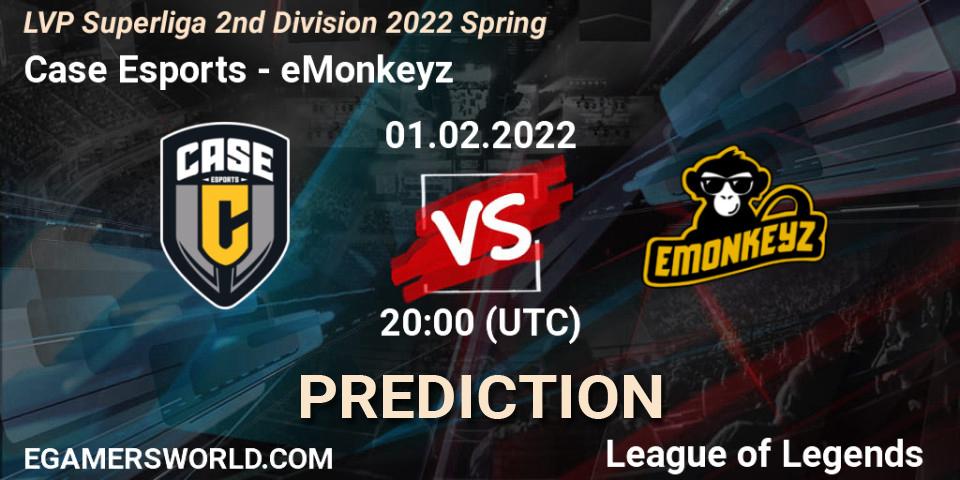 Prognose für das Spiel Case Esports VS eMonkeyz. 01.02.2022 at 19:00. LoL - LVP Superliga 2nd Division 2022 Spring