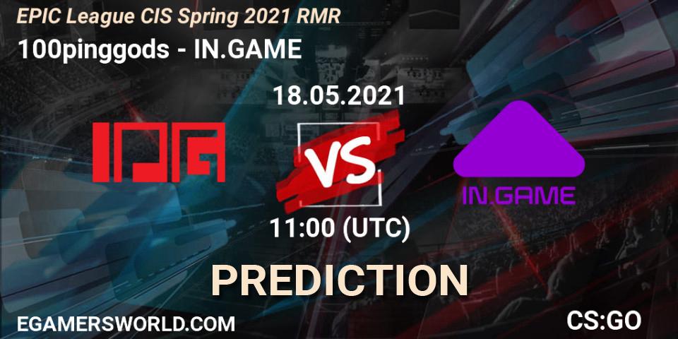 Prognose für das Spiel 100pinggods VS IN.GAME. 18.05.2021 at 12:15. Counter-Strike (CS2) - EPIC League CIS Spring 2021 RMR