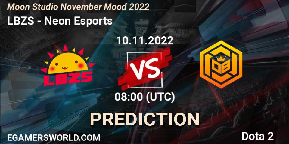 Prognose für das Spiel LBZS VS Neon Esports. 10.11.2022 at 08:25. Dota 2 - Moon Studio November Mood 2022