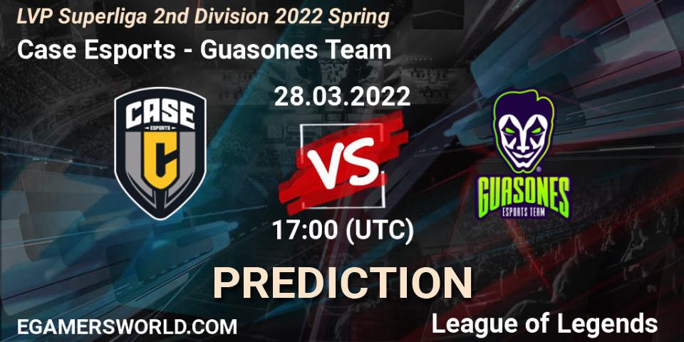 Prognose für das Spiel Case Esports VS Guasones Team. 28.03.2022 at 17:00. LoL - LVP Superliga 2nd Division 2022 Spring