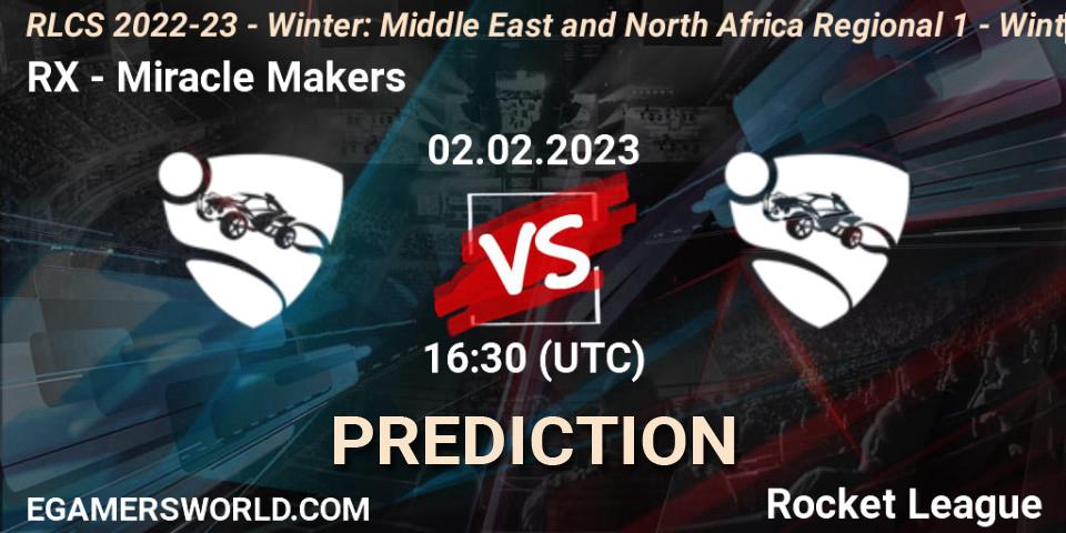 Prognose für das Spiel RX VS Miracle Makers. 02.02.2023 at 16:30. Rocket League - RLCS 2022-23 - Winter: Middle East and North Africa Regional 1 - Winter Open