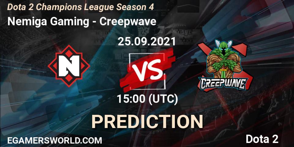 Prognose für das Spiel Nemiga Gaming VS Creepwave. 25.09.2021 at 15:00. Dota 2 - Dota 2 Champions League Season 4