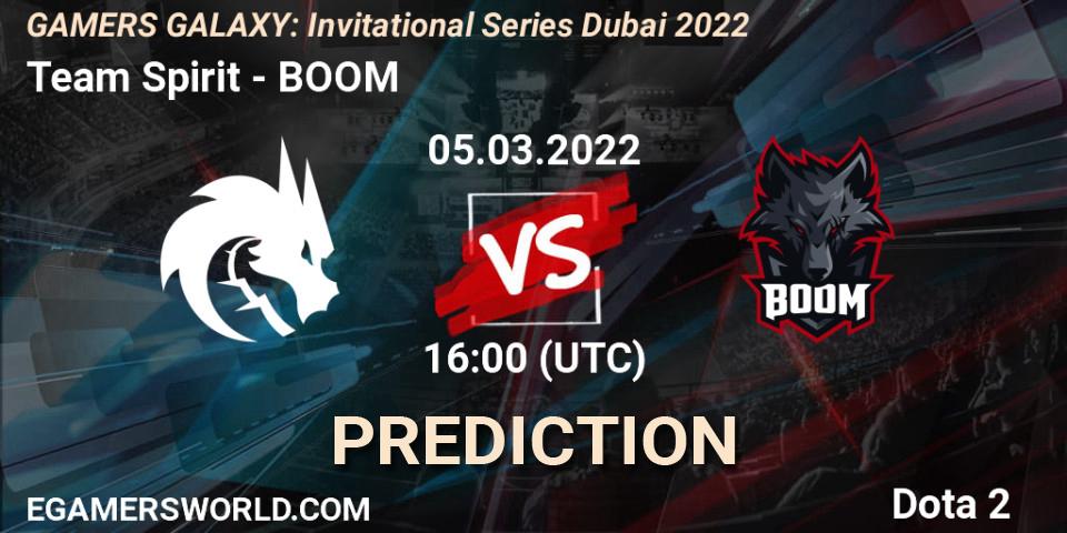 Prognose für das Spiel Team Spirit VS BOOM. 05.03.2022 at 15:57. Dota 2 - GAMERS GALAXY: Invitational Series Dubai 2022