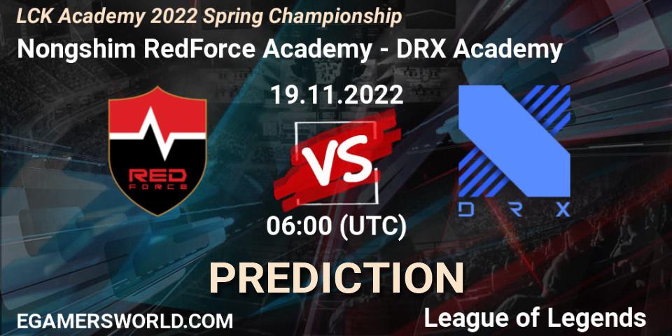 Prognose für das Spiel Nongshim RedForce Academy VS DRX Academy. 19.11.2022 at 08:25. LoL - LCK Academy 2022 Spring Championship