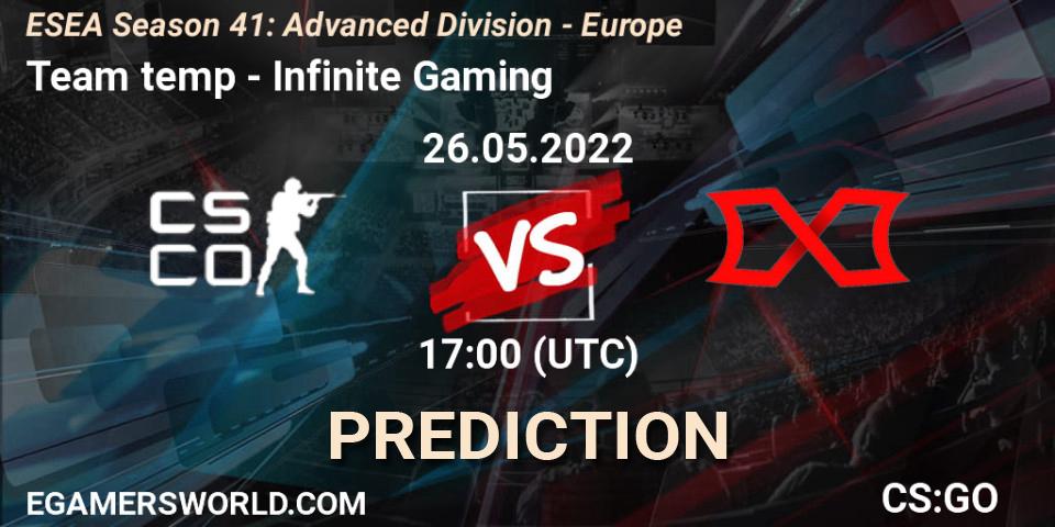 Prognose für das Spiel Team temp VS Infinite Gaming. 07.06.2022 at 16:00. Counter-Strike (CS2) - ESEA Season 41: Advanced Division - Europe