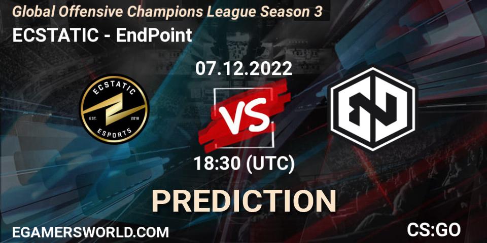Prognose für das Spiel ECSTATIC VS EndPoint. 07.12.2022 at 18:30. Counter-Strike (CS2) - Global Offensive Champions League Season 3