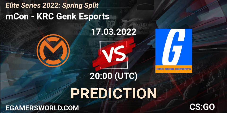 Prognose für das Spiel mCon VS KRC Genk Esports. 17.03.2022 at 20:00. Counter-Strike (CS2) - Elite Series 2022: Spring Split