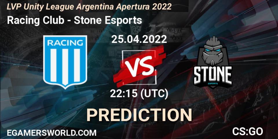 Prognose für das Spiel Racing Club VS Stone Esports. 25.04.2022 at 22:15. Counter-Strike (CS2) - LVP Unity League Argentina Apertura 2022