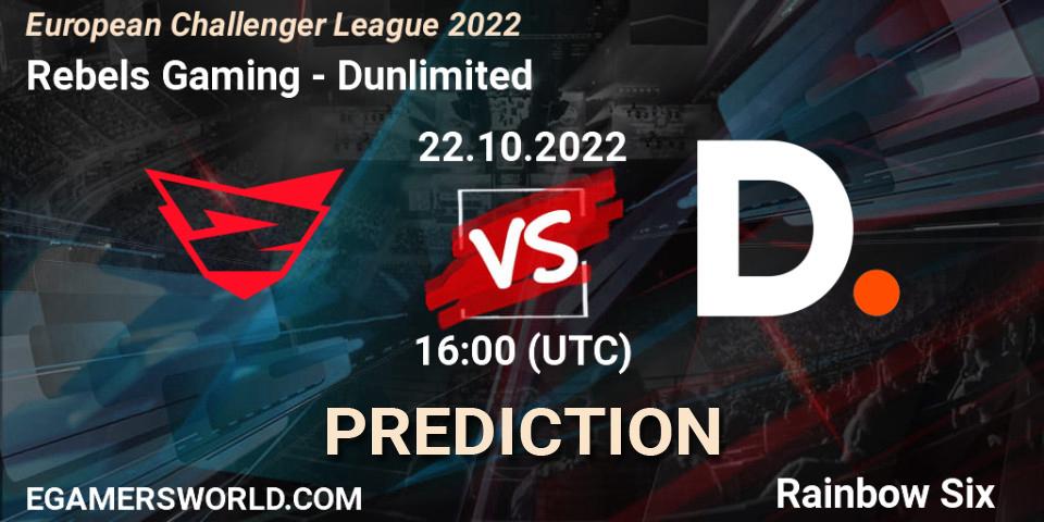 Prognose für das Spiel Rebels Gaming VS Dunlimited. 22.10.2022 at 16:00. Rainbow Six - European Challenger League 2022