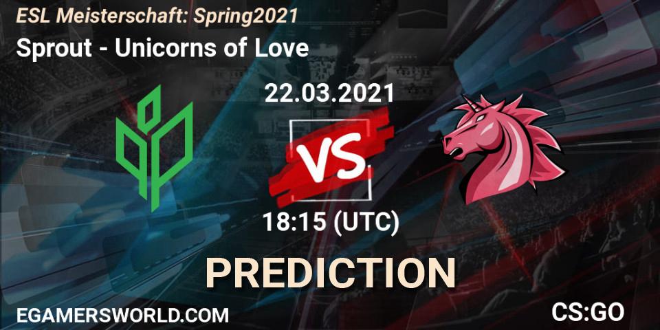 Prognose für das Spiel Sprout VS Unicorns of Love. 22.03.2021 at 18:15. Counter-Strike (CS2) - ESL Meisterschaft: Spring 2021