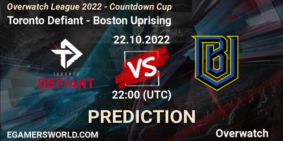 Prognose für das Spiel Toronto Defiant VS Boston Uprising. 22.10.22. Overwatch - Overwatch League 2022 - Countdown Cup