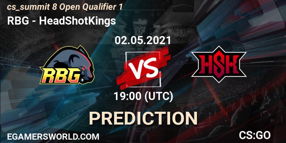 Prognose für das Spiel RBG VS HeadShotKings. 02.05.2021 at 19:00. Counter-Strike (CS2) - cs_summit 8 Open Qualifier 1