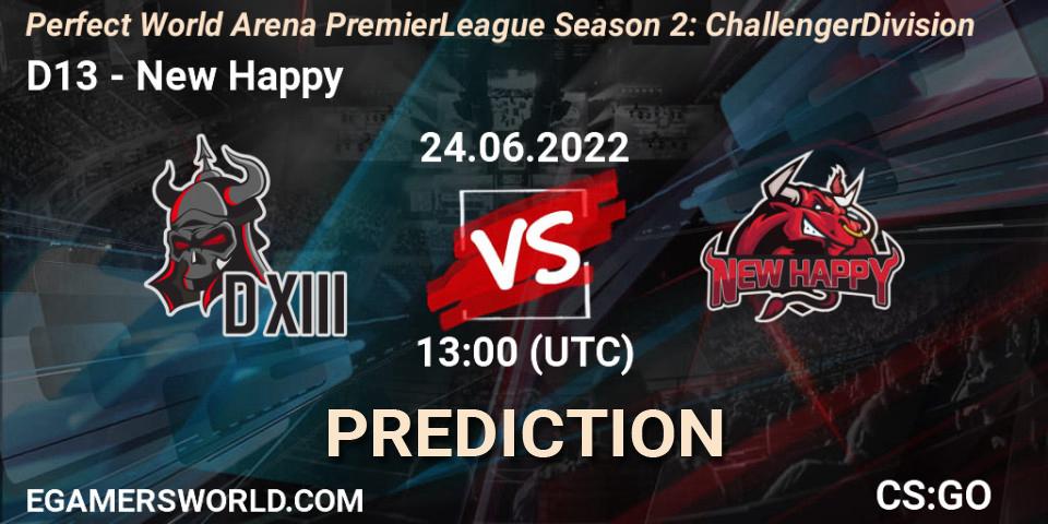 Prognose für das Spiel D13 VS New Happy. 24.06.2022 at 11:40. Counter-Strike (CS2) - Perfect World Arena Premier League Season 2: Challenger Division