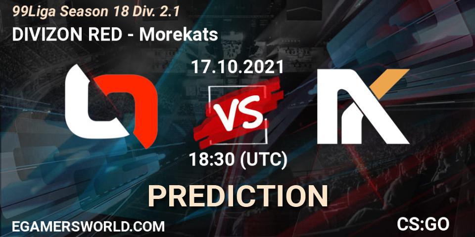 Prognose für das Spiel DIVIZON RED VS Morekats. 17.10.2021 at 16:00. Counter-Strike (CS2) - 99Liga Season 18 Div. 2.1