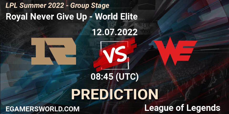 Prognose für das Spiel Royal Never Give Up VS World Elite. 12.07.22. LoL - LPL Summer 2022 - Group Stage