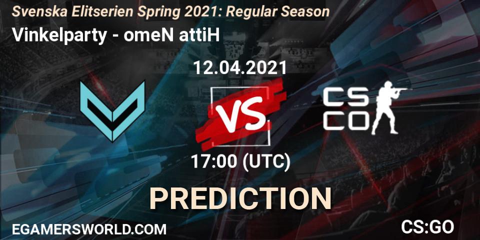 Prognose für das Spiel Vinkelparty VS omeN attiH. 12.04.2021 at 17:00. Counter-Strike (CS2) - Svenska Elitserien Spring 2021: Regular Season
