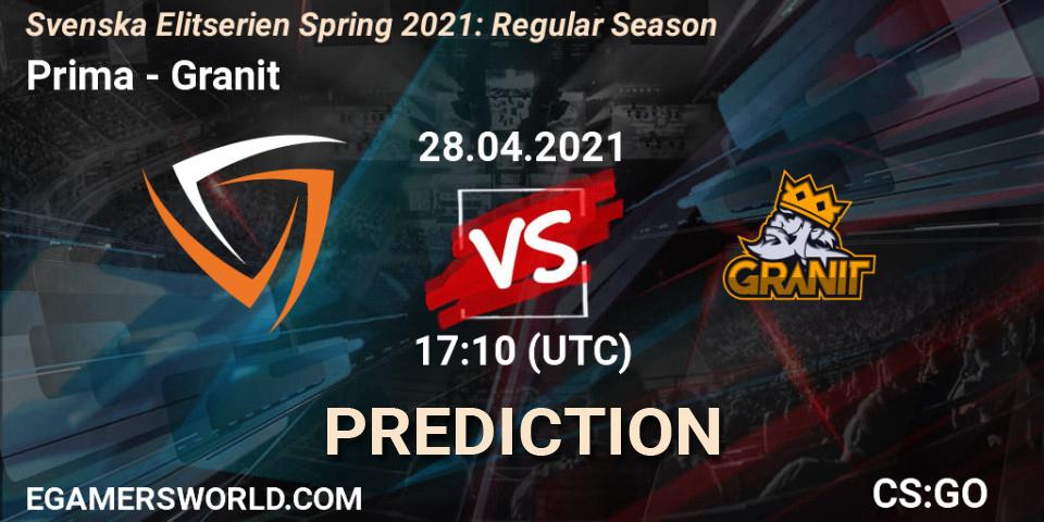 Prognose für das Spiel Prima VS Granit. 28.04.2021 at 17:10. Counter-Strike (CS2) - Svenska Elitserien Spring 2021: Regular Season