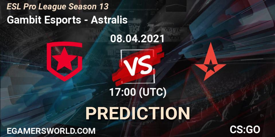 Prognose für das Spiel Gambit Esports VS Astralis. 08.04.2021 at 17:00. Counter-Strike (CS2) - ESL Pro League Season 13