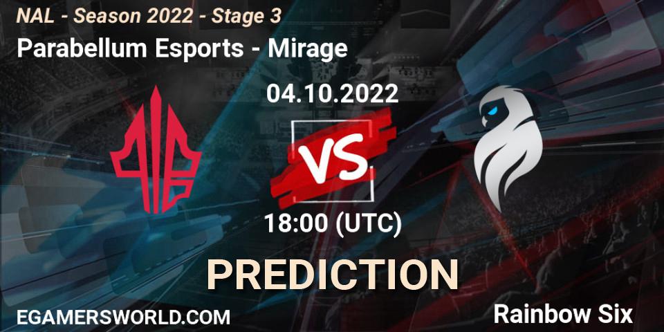 Prognose für das Spiel Parabellum Esports VS Mirage. 04.10.2022 at 18:00. Rainbow Six - NAL - Season 2022 - Stage 3