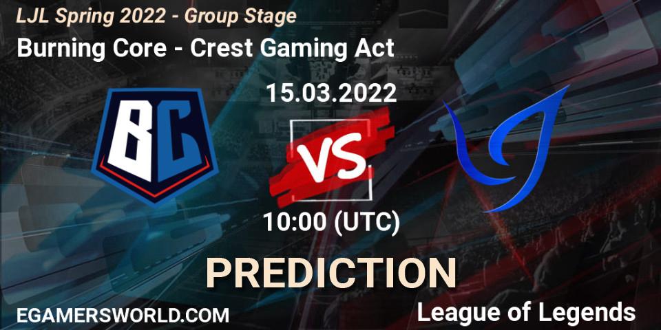 Prognose für das Spiel Burning Core VS Crest Gaming Act. 15.03.2022 at 10:00. LoL - LJL Spring 2022 - Group Stage