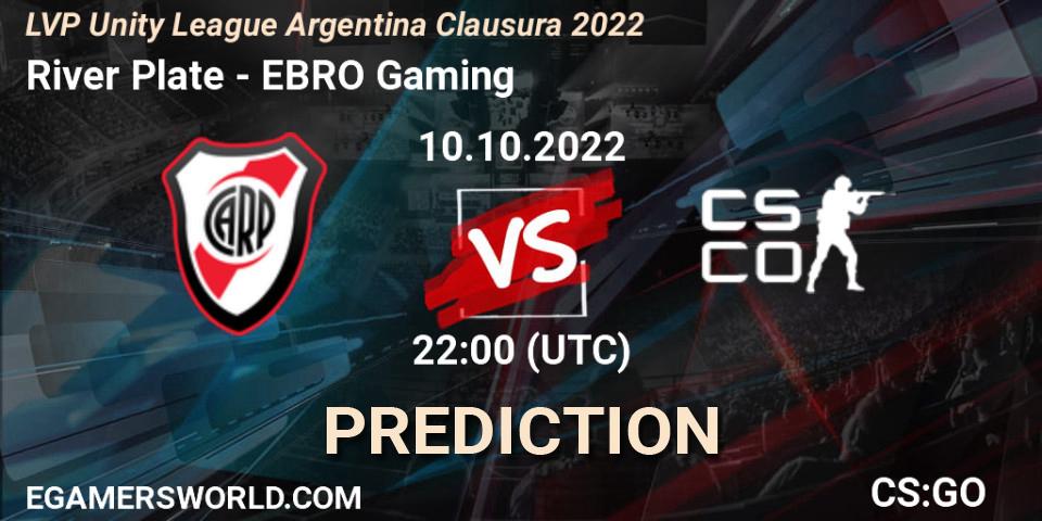 Prognose für das Spiel River Plate VS EBRO Gaming. 10.10.2022 at 22:00. Counter-Strike (CS2) - LVP Unity League Argentina Clausura 2022
