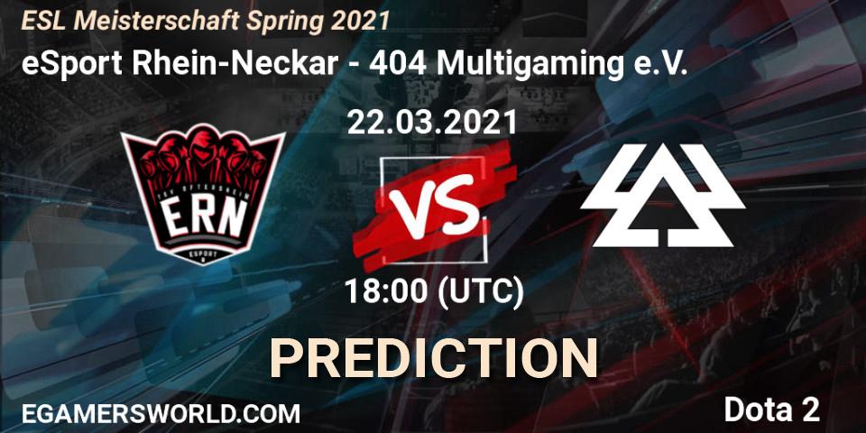 Prognose für das Spiel eSport Rhein-Neckar VS 404 Multigaming e.V.. 22.03.2021 at 18:01. Dota 2 - ESL Meisterschaft Spring 2021