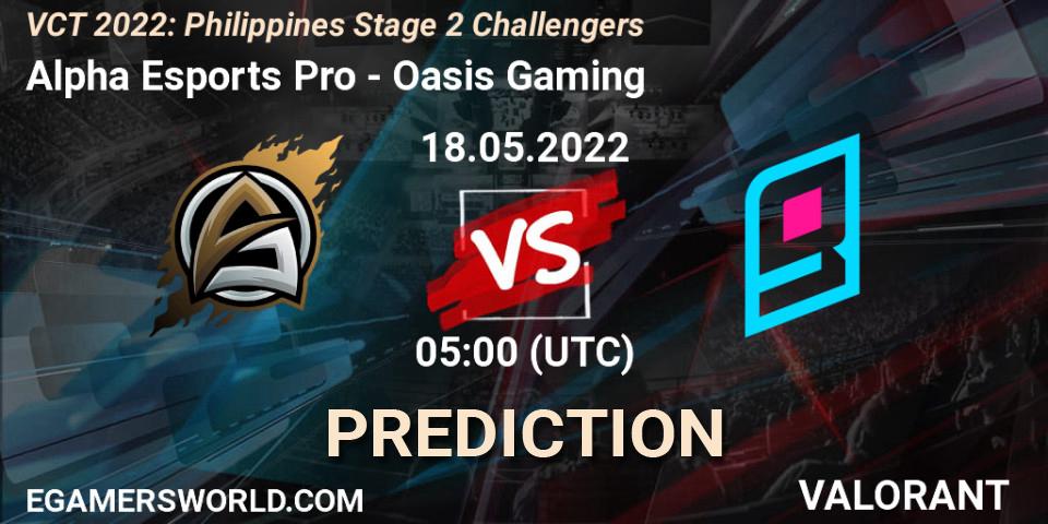 Prognose für das Spiel Alpha Esports Pro VS Oasis Gaming. 18.05.2022 at 05:00. VALORANT - VCT 2022: Philippines Stage 2 Challengers