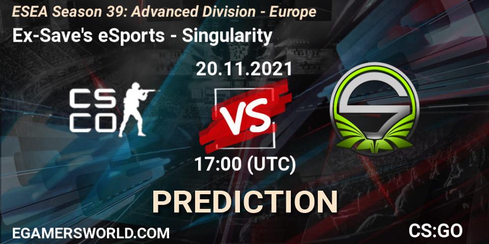 Prognose für das Spiel Ex-Save's eSports VS Singularity. 20.11.2021 at 17:00. Counter-Strike (CS2) - ESEA Season 39: Advanced Division - Europe
