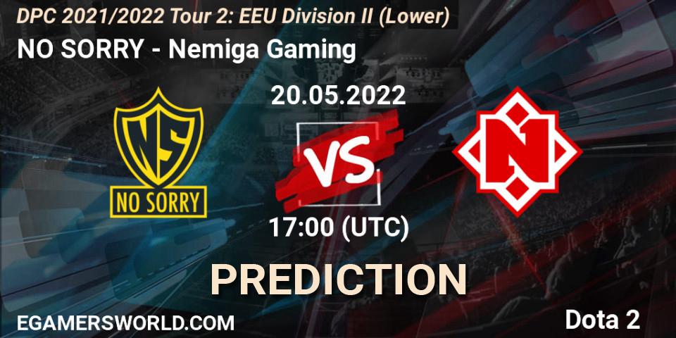 Prognose für das Spiel NO SORRY VS Nemiga Gaming. 20.05.2022 at 16:59. Dota 2 - DPC 2021/2022 Tour 2: EEU Division II (Lower)