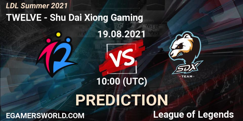 Prognose für das Spiel TWELVE VS Shu Dai Xiong Gaming. 19.08.2021 at 11:30. LoL - LDL Summer 2021