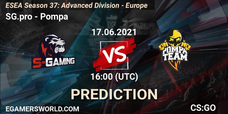 Prognose für das Spiel SG.pro VS Pompa. 17.06.2021 at 16:00. Counter-Strike (CS2) - ESEA Season 37: Advanced Division - Europe