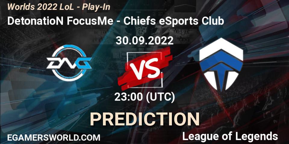 Prognose für das Spiel DetonatioN FocusMe VS Chiefs eSports Club. 30.09.2022 at 23:30. LoL - Worlds 2022 LoL - Play-In