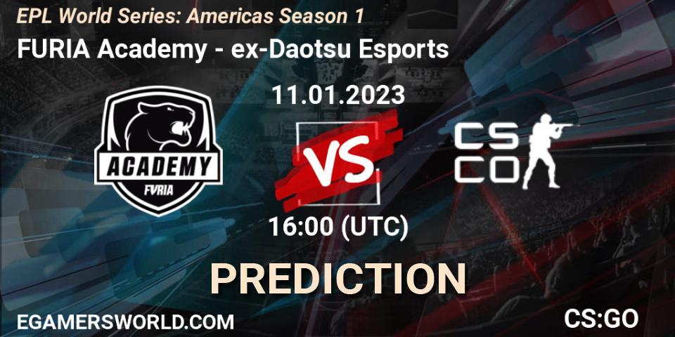 Prognose für das Spiel FURIA Academy VS ex-Daotsu Esports. 12.01.2023 at 16:00. Counter-Strike (CS2) - EPL World Series: Americas Season 1