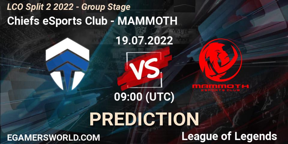 Prognose für das Spiel Chiefs eSports Club VS MAMMOTH. 19.07.2022 at 09:00. LoL - LCO Split 2 2022 - Group Stage