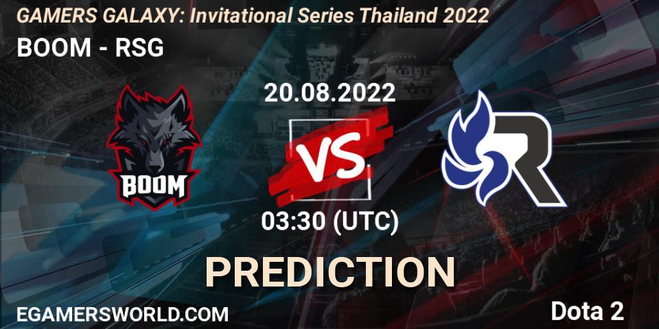 Prognose für das Spiel BOOM VS RSG. 20.08.2022 at 03:30. Dota 2 - GAMERS GALAXY: Invitational Series Thailand 2022