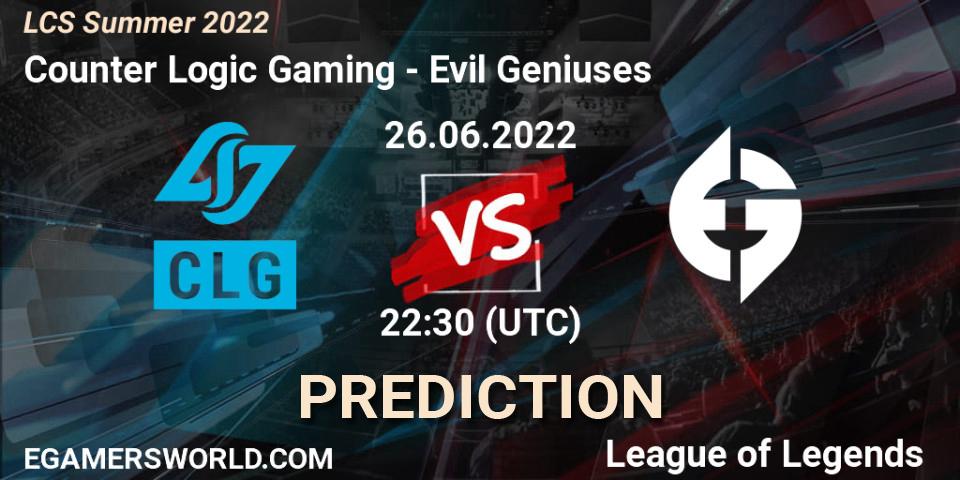 Prognose für das Spiel Counter Logic Gaming VS Evil Geniuses. 26.06.22. LoL - LCS Summer 2022