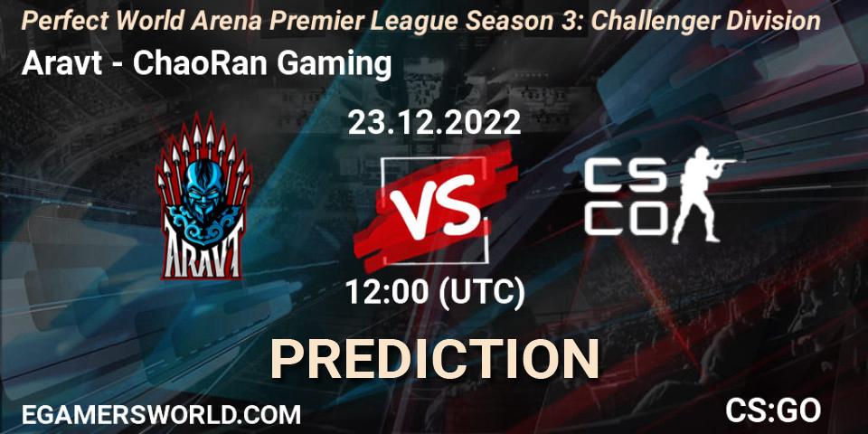 Prognose für das Spiel Aravt VS ChaoRan Gaming. 23.12.2022 at 12:00. Counter-Strike (CS2) - Perfect World Arena Premier League Season 3: Challenger Division