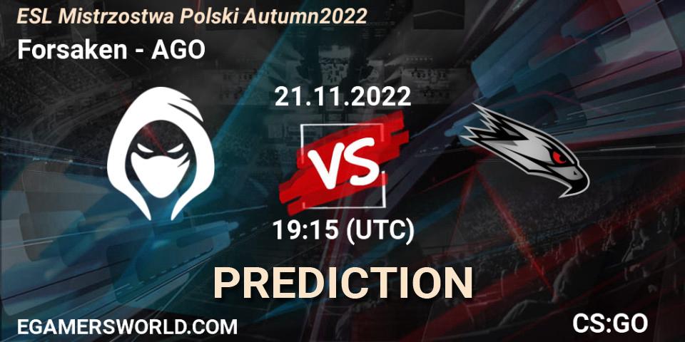 Prognose für das Spiel Forsaken VS AGO. 21.11.2022 at 19:15. Counter-Strike (CS2) - ESL Mistrzostwa Polski Autumn 2022