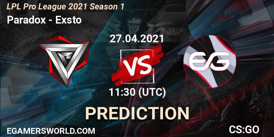 Prognose für das Spiel Paradox VS Exsto. 27.04.21. CS2 (CS:GO) - LPL Pro League 2021 Season 1