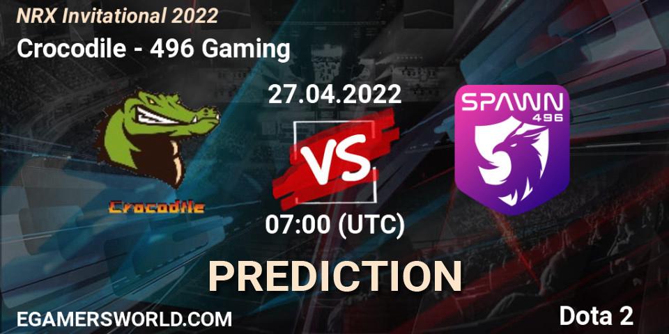Prognose für das Spiel Crocodile VS 496 Gaming. 27.04.2022 at 07:10. Dota 2 - NRX Invitational 2022